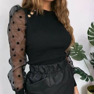 NWOT Black top mesh long sleeves with gold button